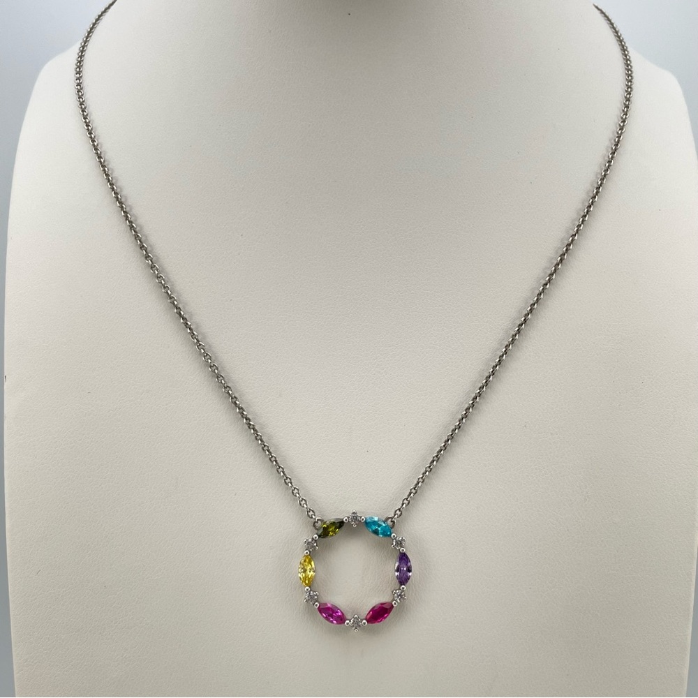 Delicate 925 Sterling Silver Circle Pendant Necklace with Multicolor Gemstones